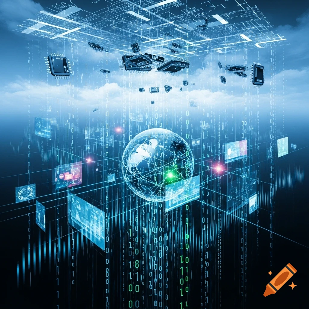 A futuristic digital representation with a glowing globe, falling binary code, floating microchips, and data screens under a blue sky.