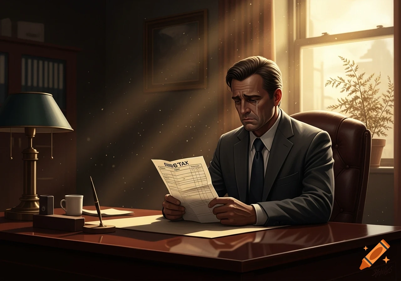 A man in a suit is crying while holding a document labeled "BIIIG TAX" at a desk in a sunlit office.