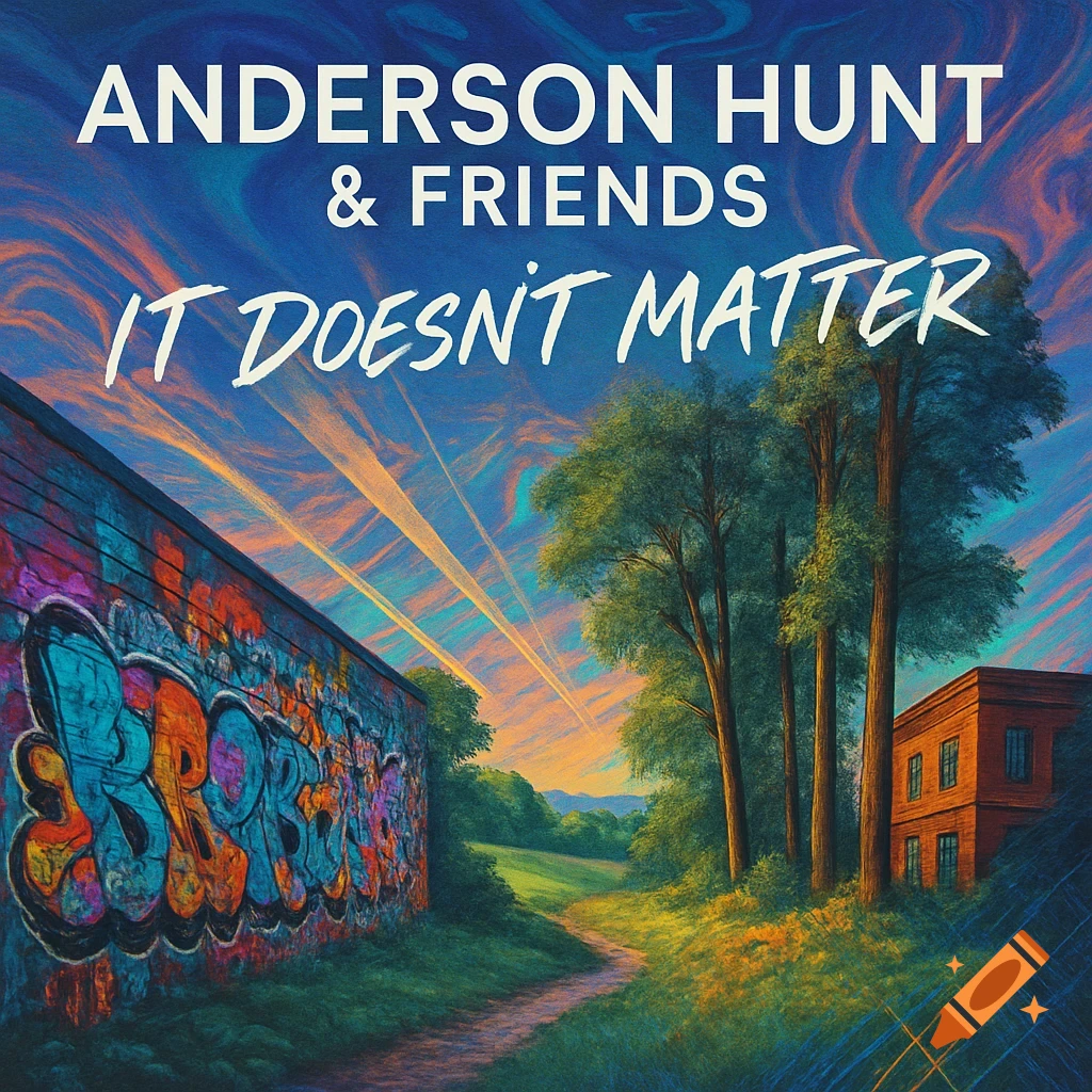 Album cover for 'Anderson Hunt & Friends - IT DOESN'T MATTER' showing a vibrant landscape, graffiti-covered wall, trees, and a building.