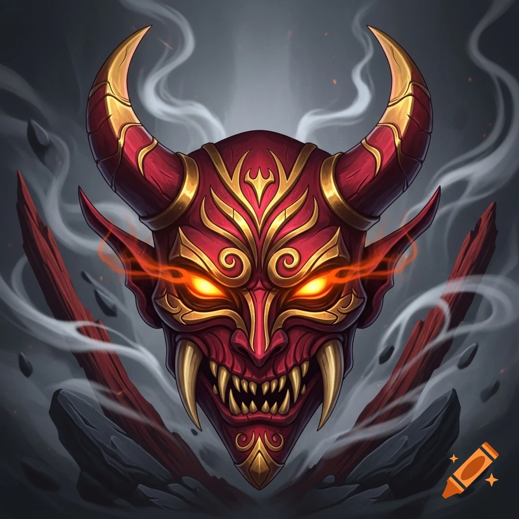 A vibrant red and gold demon mask with glowing orange eyes and sharp fangs, surrounded by smoke and floating rocks.
