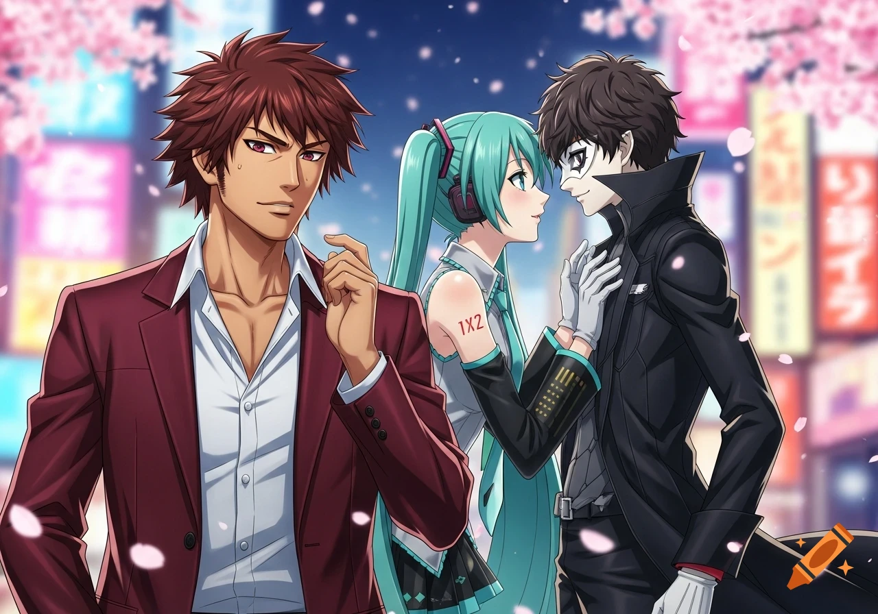 Anime style crossover of Ichiban Kasuga looking jealous at Hatsune Miku and Joker kissing under cherry blossoms in a city.