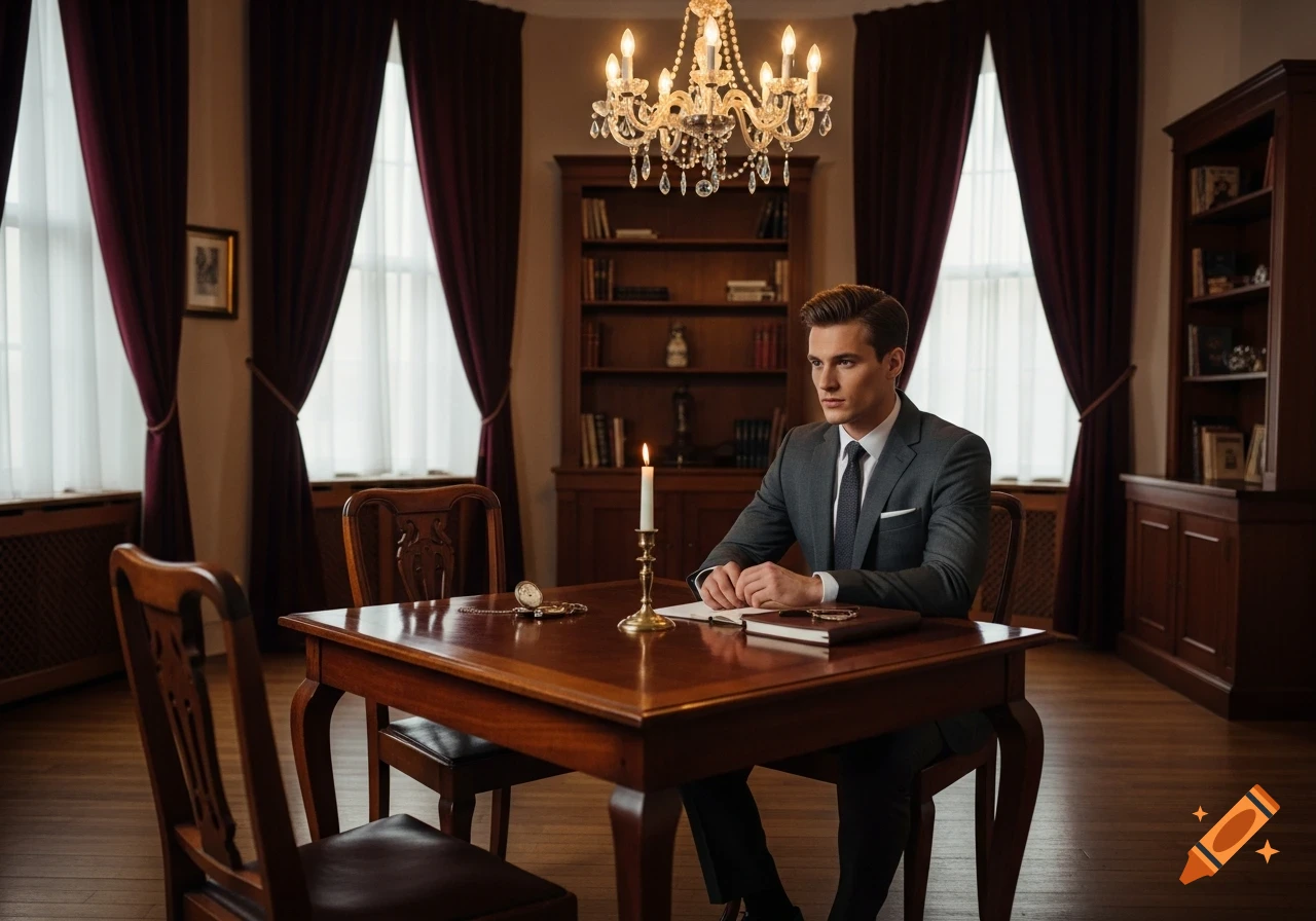 A man in a gray suit sits at a wooden table with a lit candle, a notebook, and a pocket watch in a stately room with red curtains.