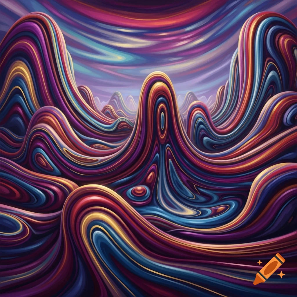 Vibrant abstract landscape with swirling, fluid-like hills in bright purples, blues, reds, and golds under a streaky sky.