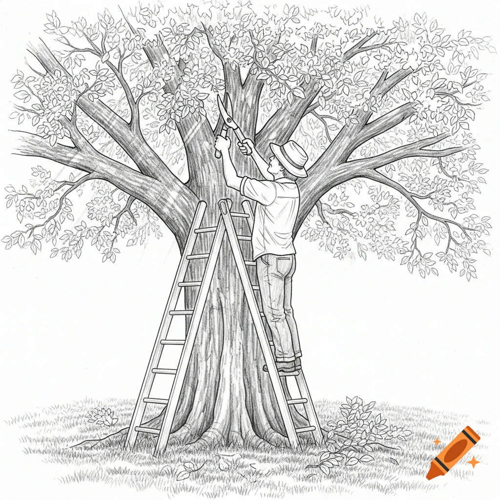 Pencil sketch of a man on a ladder pruning the branches of a large tree.