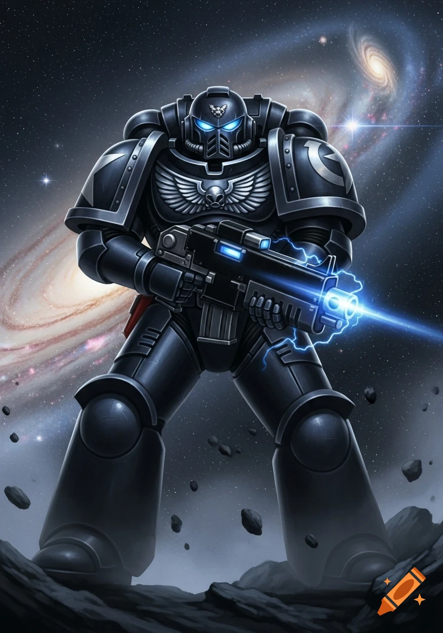 An imposing space marine in dark power armor with glowing blue eyes and plasma weapon stands on a rocky planet under a starry galaxy sky.