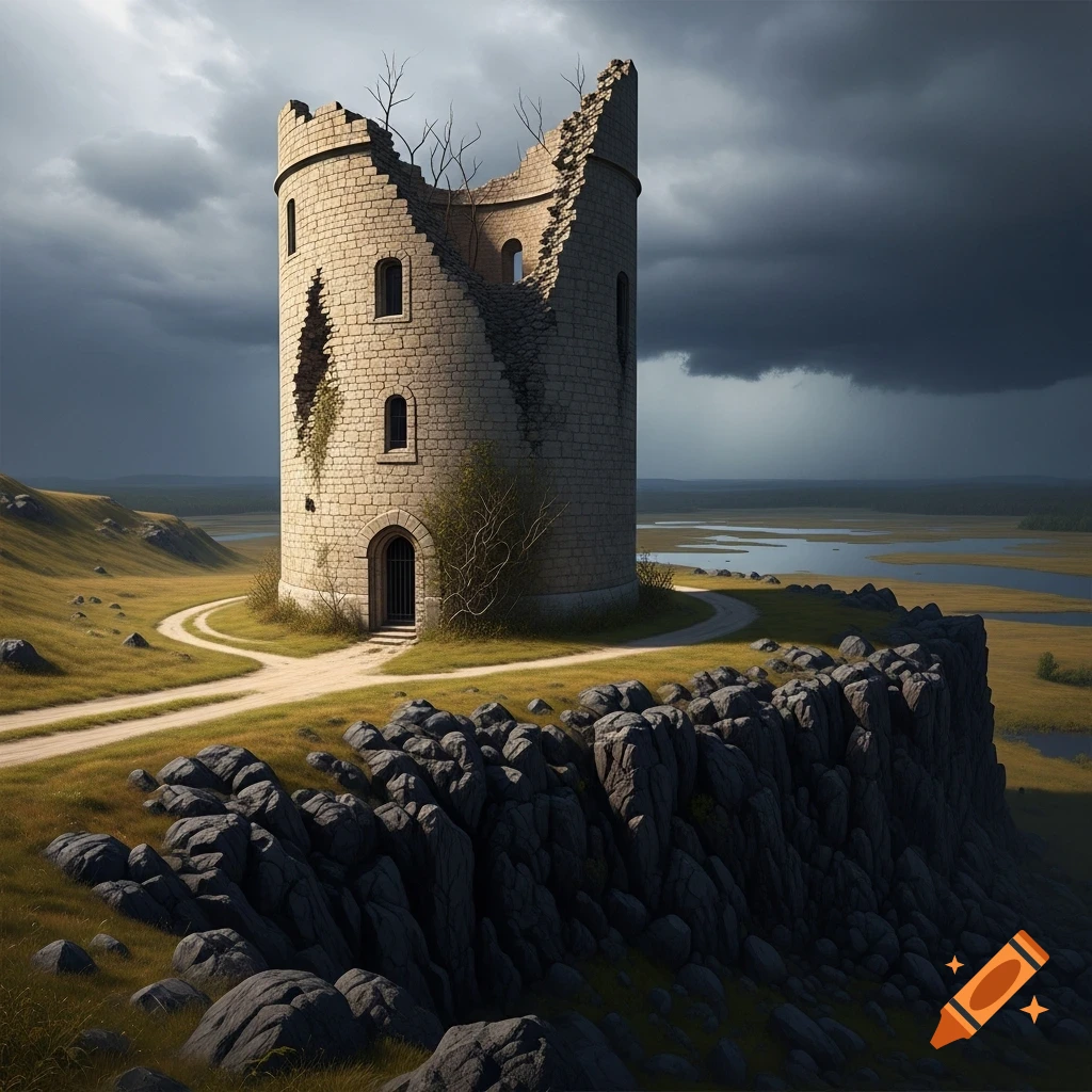 A ruined, circular stone tower stands on a grassy cliff with jagged rocks, overlooking a distant swamp under a stormy, dark sky. A dirt road leads to the tower.