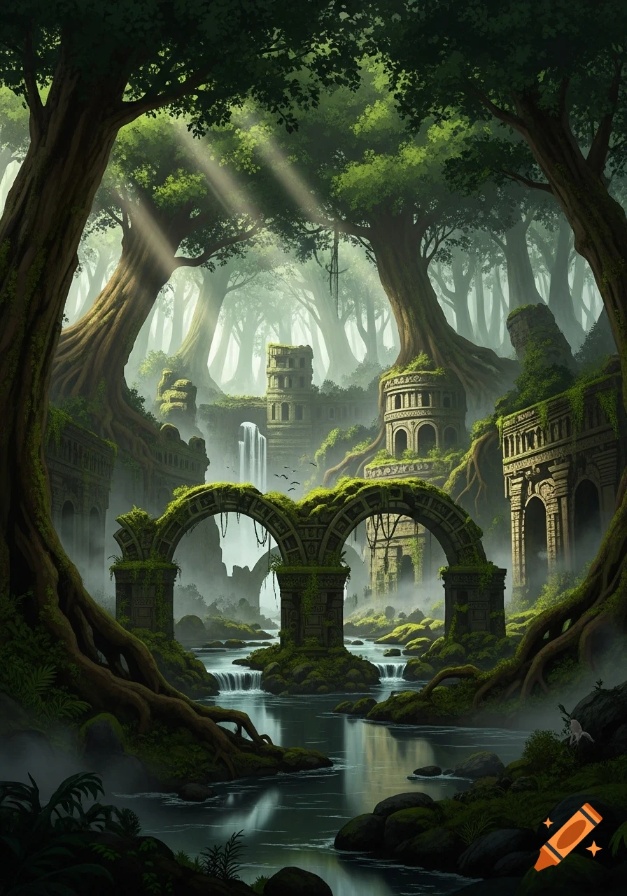 Fantasy digital painting of ancient city ruins in a lush forest, with a river flowing under moss-covered arches and sunbeams.