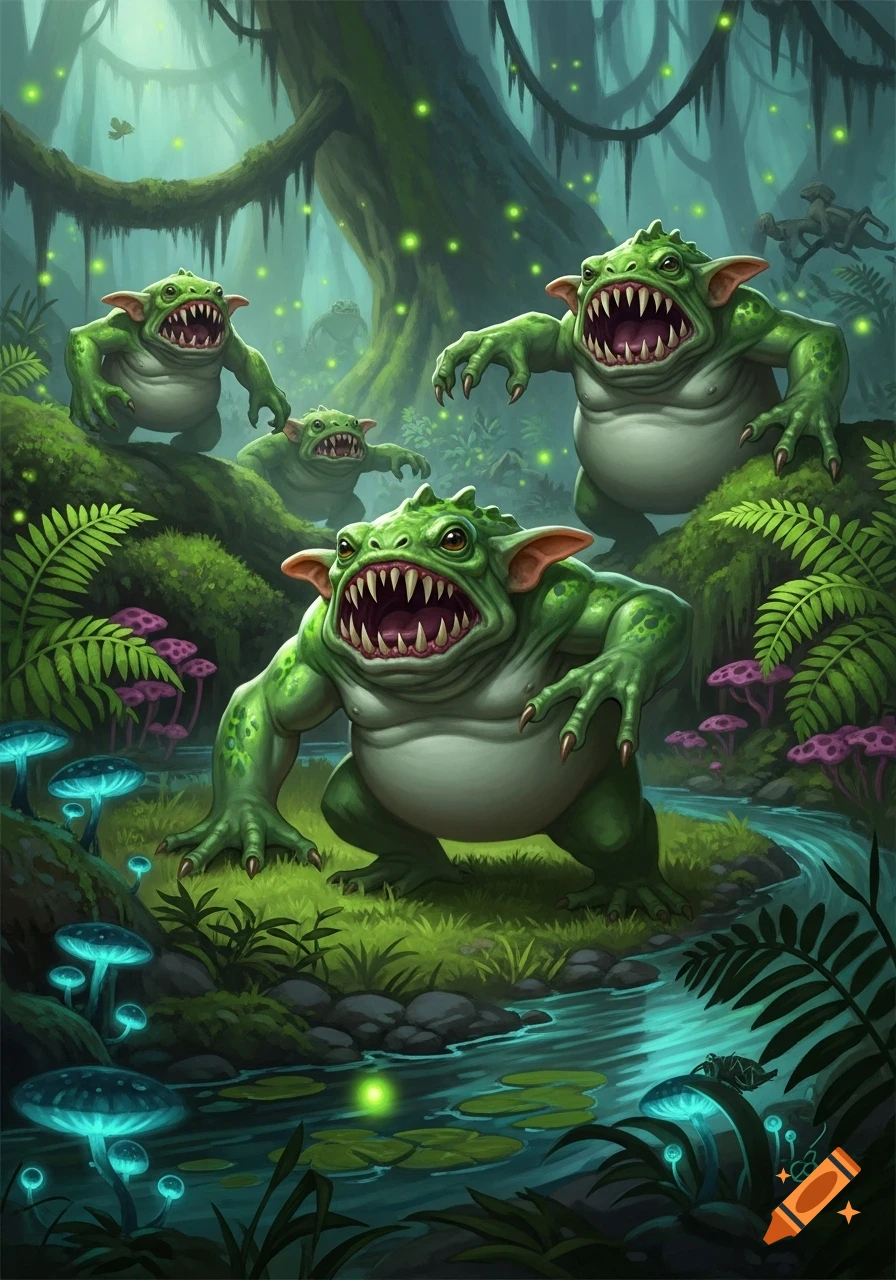 Several green, amphibious Murloc-like creatures with sharp teeth emerge from a bioluminescent swamp forest with glowing mushrooms.