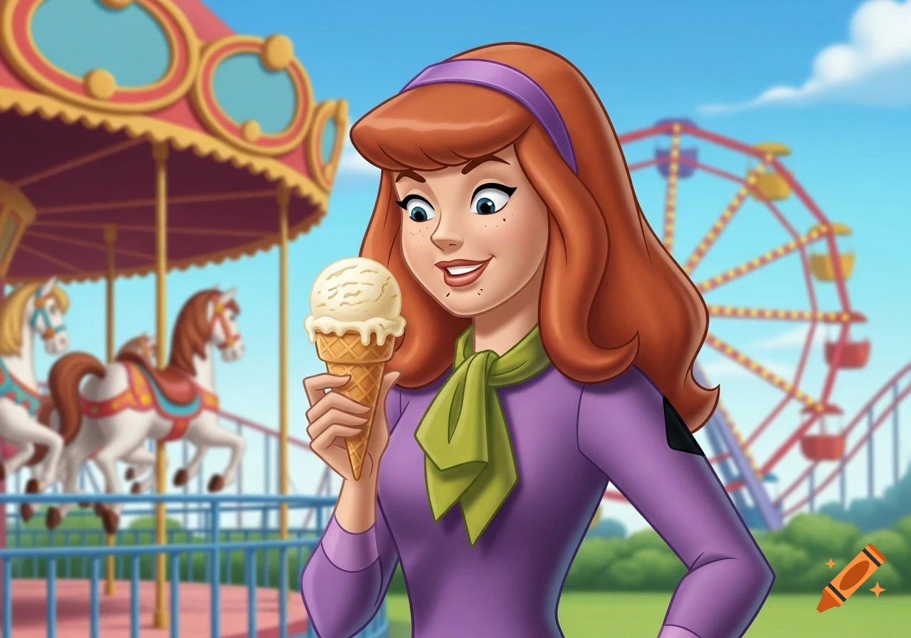 Cartoon Daphne Blake holds a vanilla ice cream cone at an amusement park with a carousel and Ferris wheel.