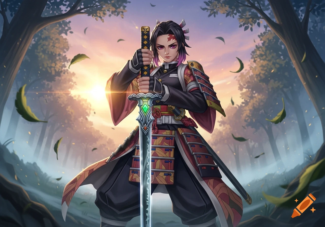 An anime-style character in samurai armor holds a glowing sword in a forest at sunset.