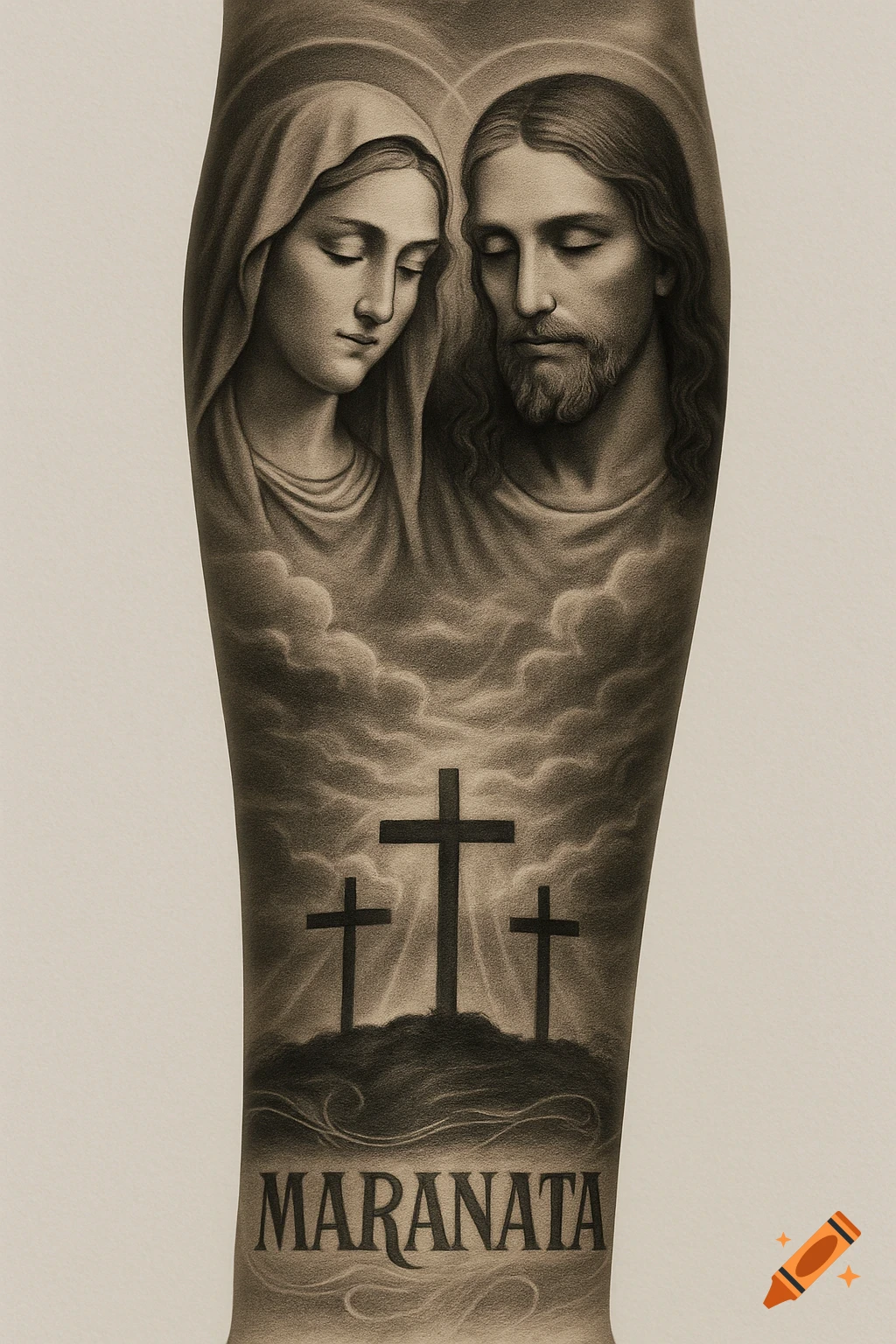 Realistic black and grey tattoo design featuring portraits of Mary and Jesus, clouds, three crosses on a hill, and the word 'MARANATA'.