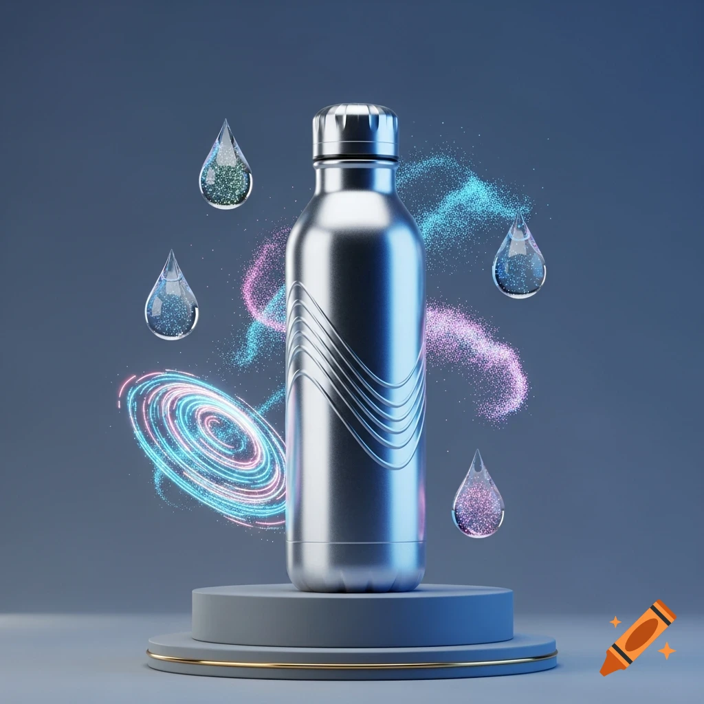 A sleek silver sports water bottle with wavy patterns on a gray podium, surrounded by glowing pink and blue energy swirls and sparkling water droplets.