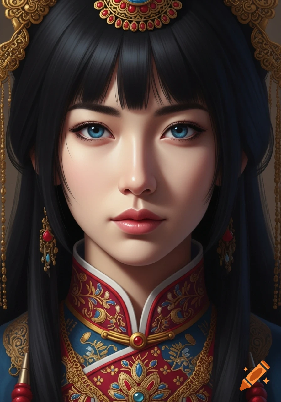 Close-up portrait of an Asian woman with blue eyes and dark hair, wearing intricate traditional clothing.