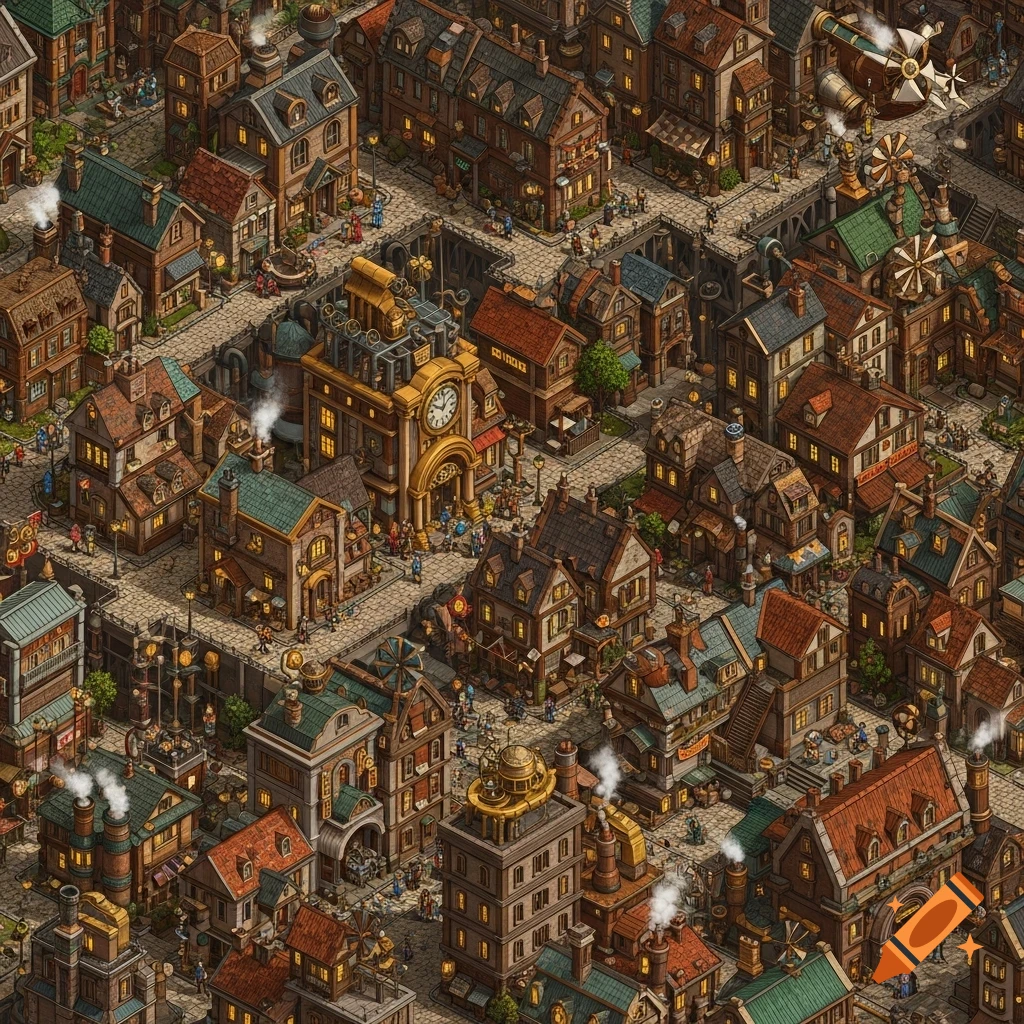 An intricate isometric top-down map of a dense steampunk city with clockwork buildings, bustling streets, and numerous small figures.