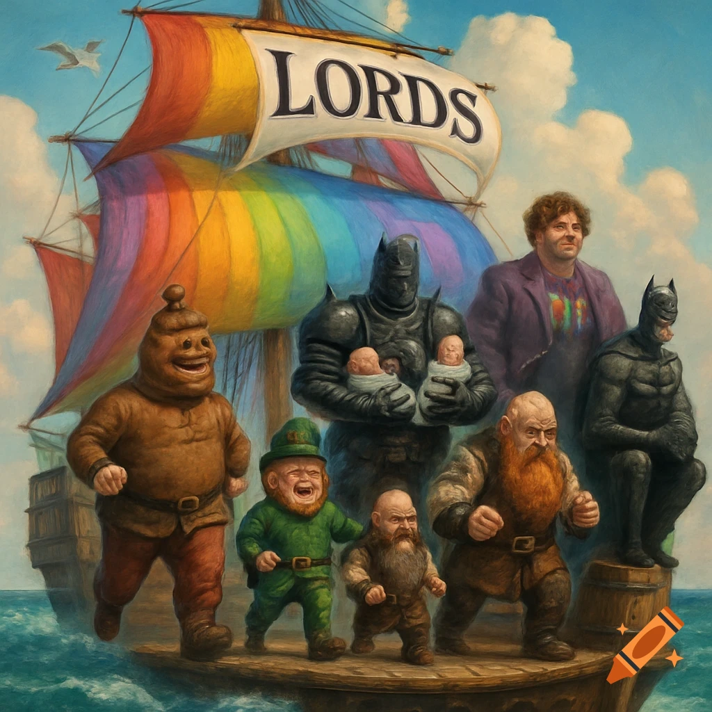 A fantasy illustration of a pirate ship with rainbow sails, carrying a diverse crew of unusual characters including dwarves, a knight, a leprechaun, and a poop-headed man.
