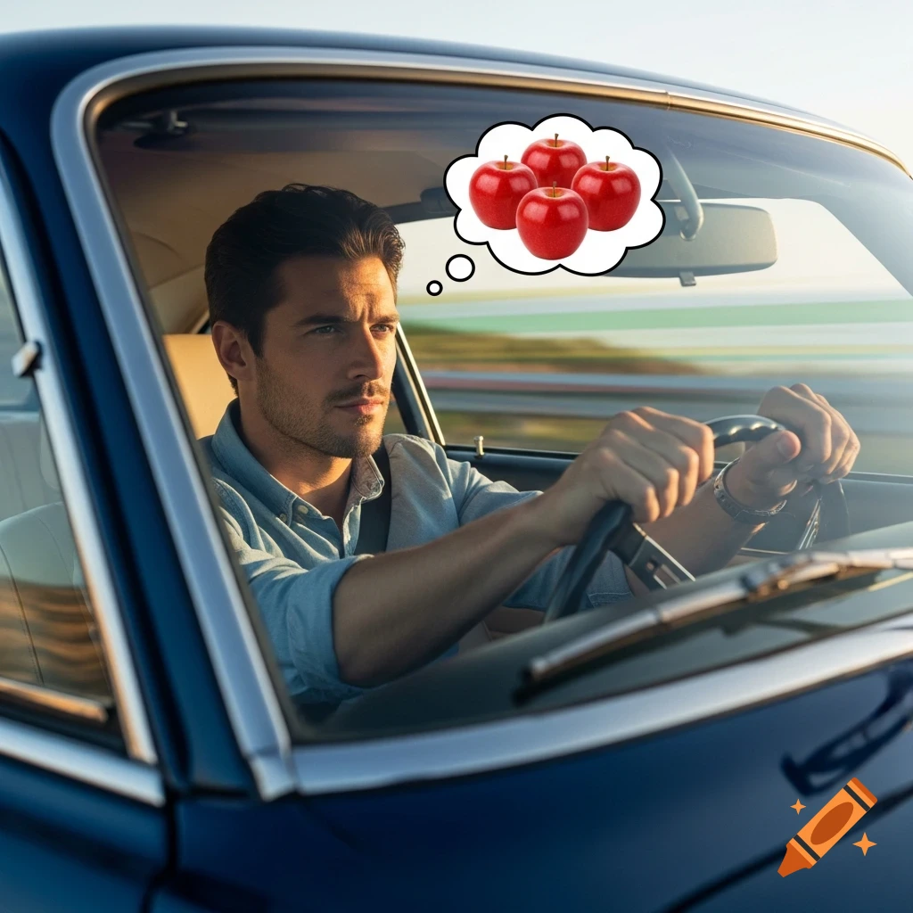 A man driving a blue car, looking focused, with a thought bubble containing three red apples above his head.