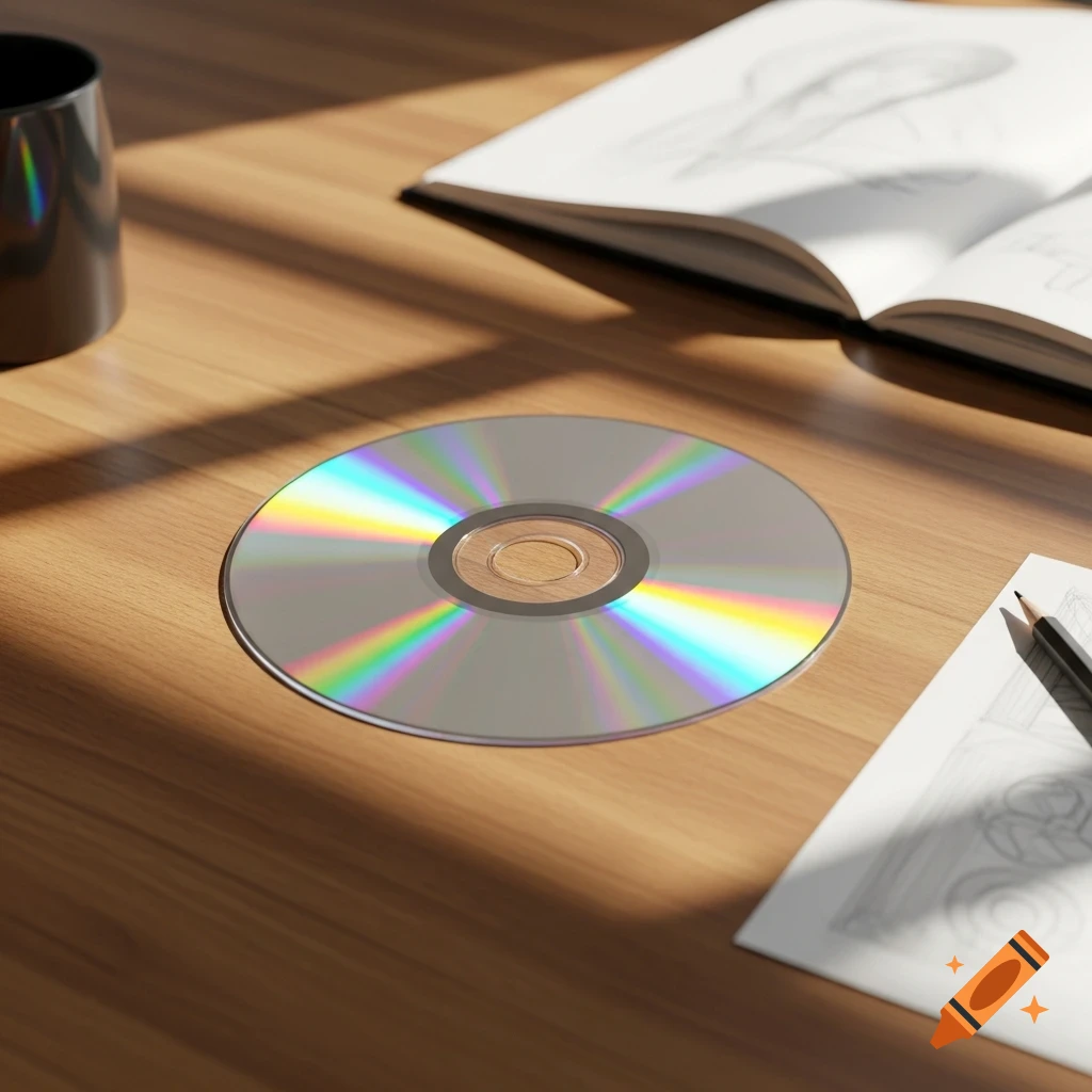 A blank CD reflecting rainbow colors rests on a sunlit wooden desk next to an open sketchbook and a black cup.
