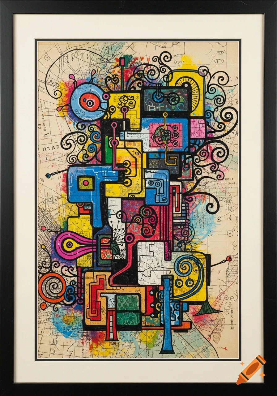 Vibrant, geometric, abstract artwork resembling circuits on an old map background, in a black frame with a cream mat.