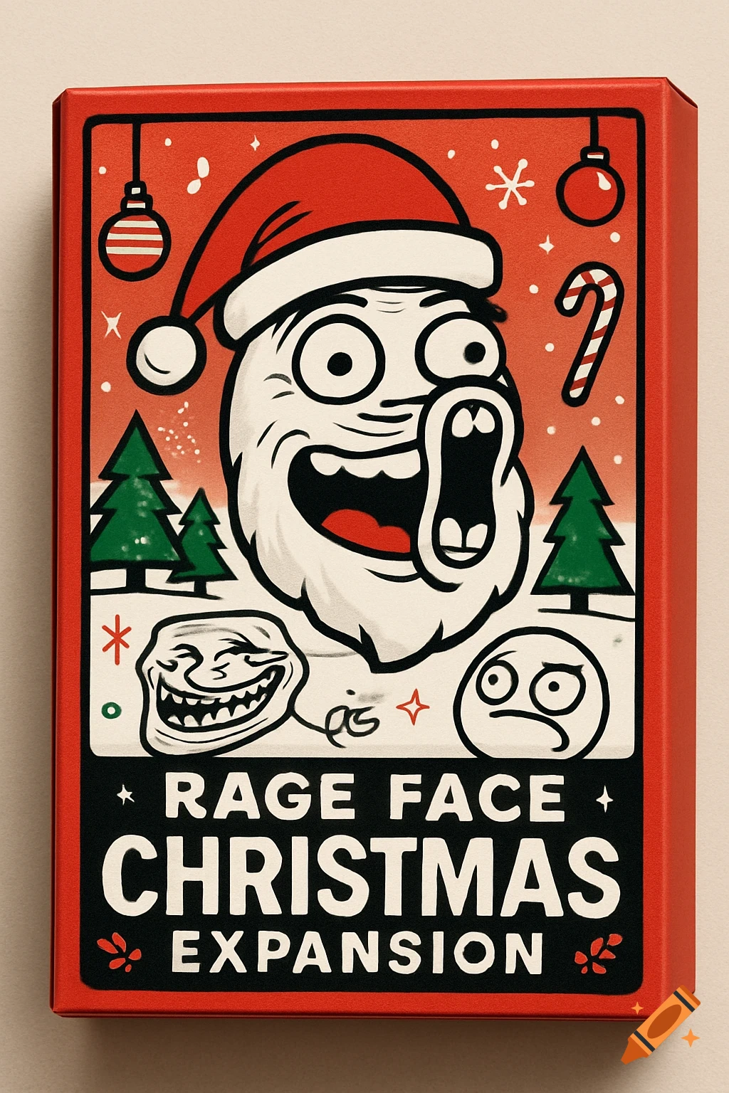 A red board game box for a 'Rage Face Christmas Expansion' featuring a Santa hat-wearing rage face, Troll Face, and other memes among Christmas decorations.