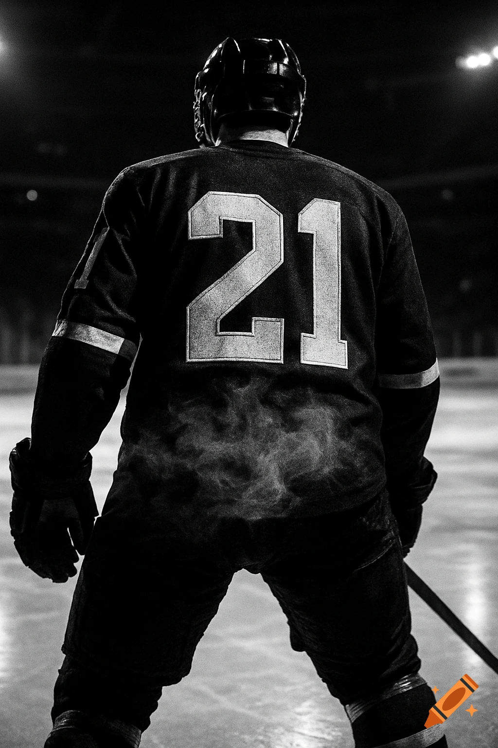 Black and white close-up of a hockey player from behind, wearing jersey number 21 on an ice rink.