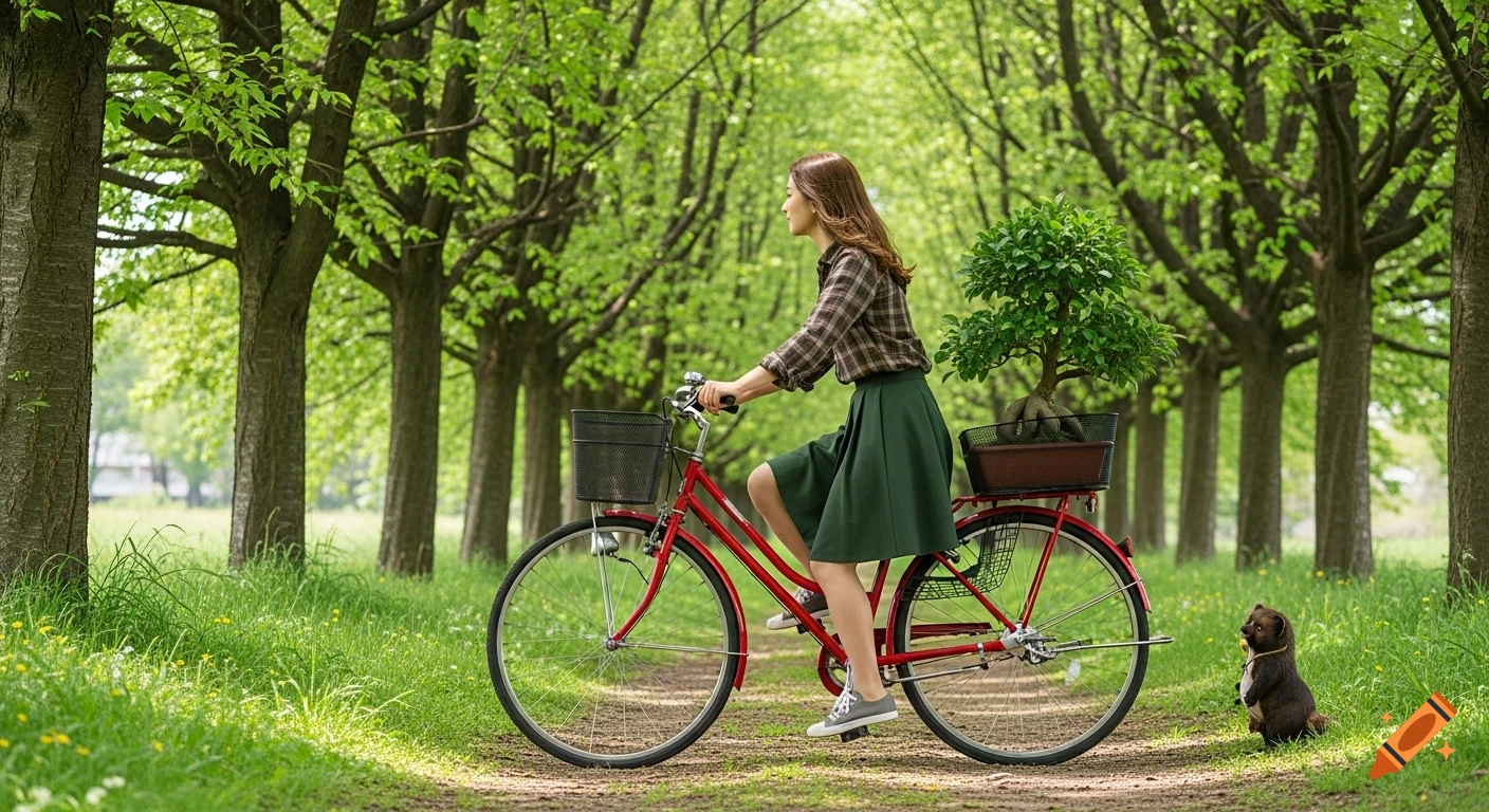 A woman rides a red bicycle with a bonsai tree in the back basket through a tree-lined path, watched by a tanuki. Photorealistic style.