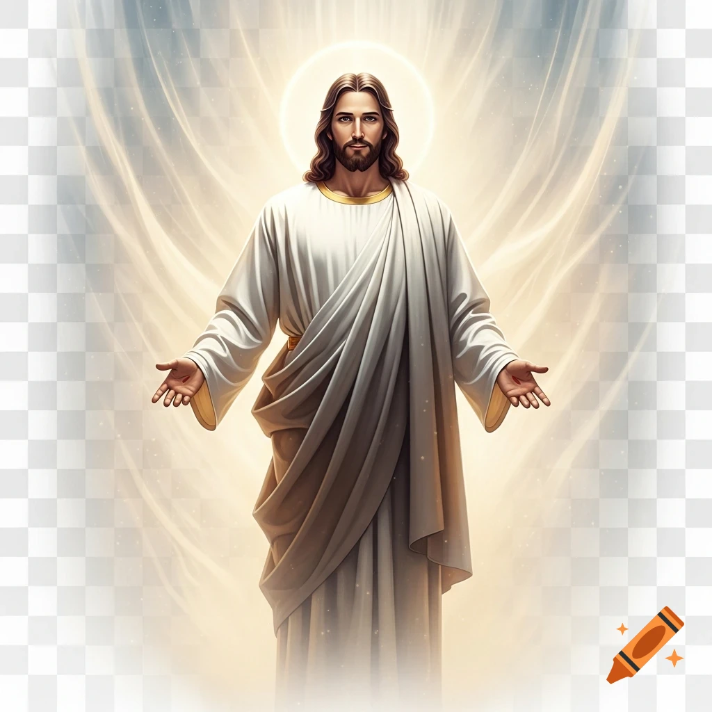 Jesus Christ with a beard and long hair, wearing white robes, standing with outstretched arms against a glowing, ethereal background.