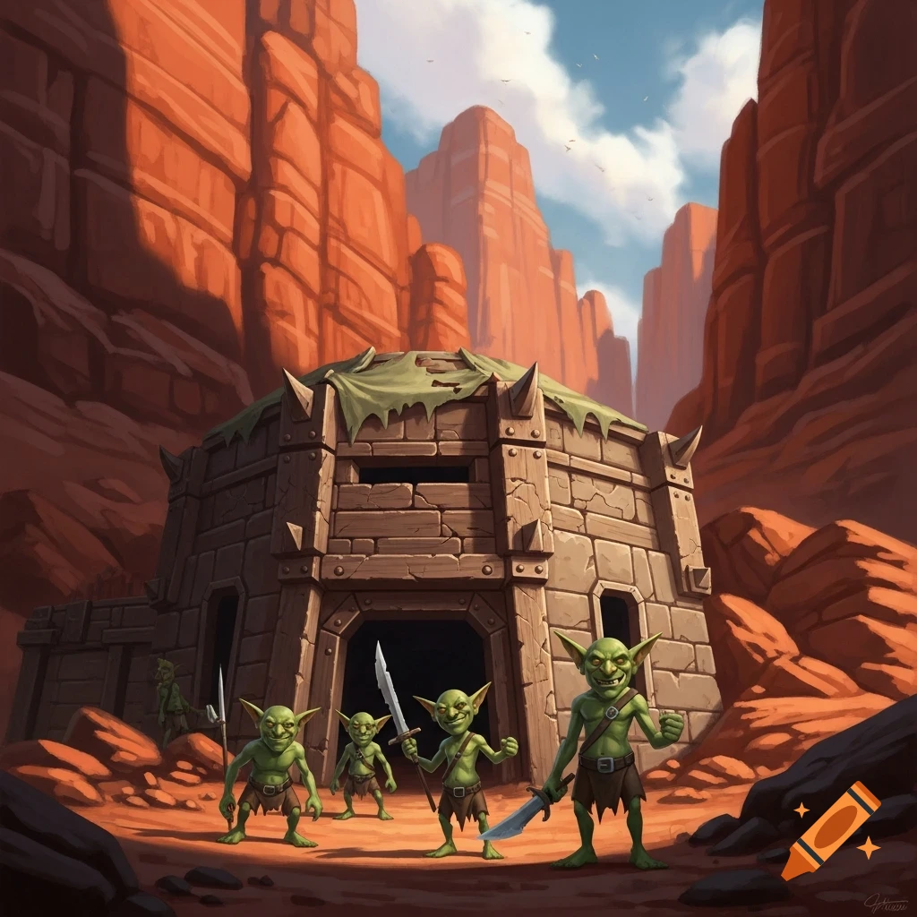 A group of green goblins stands in front of a stone bunker in a red canyon, fantasy art style.