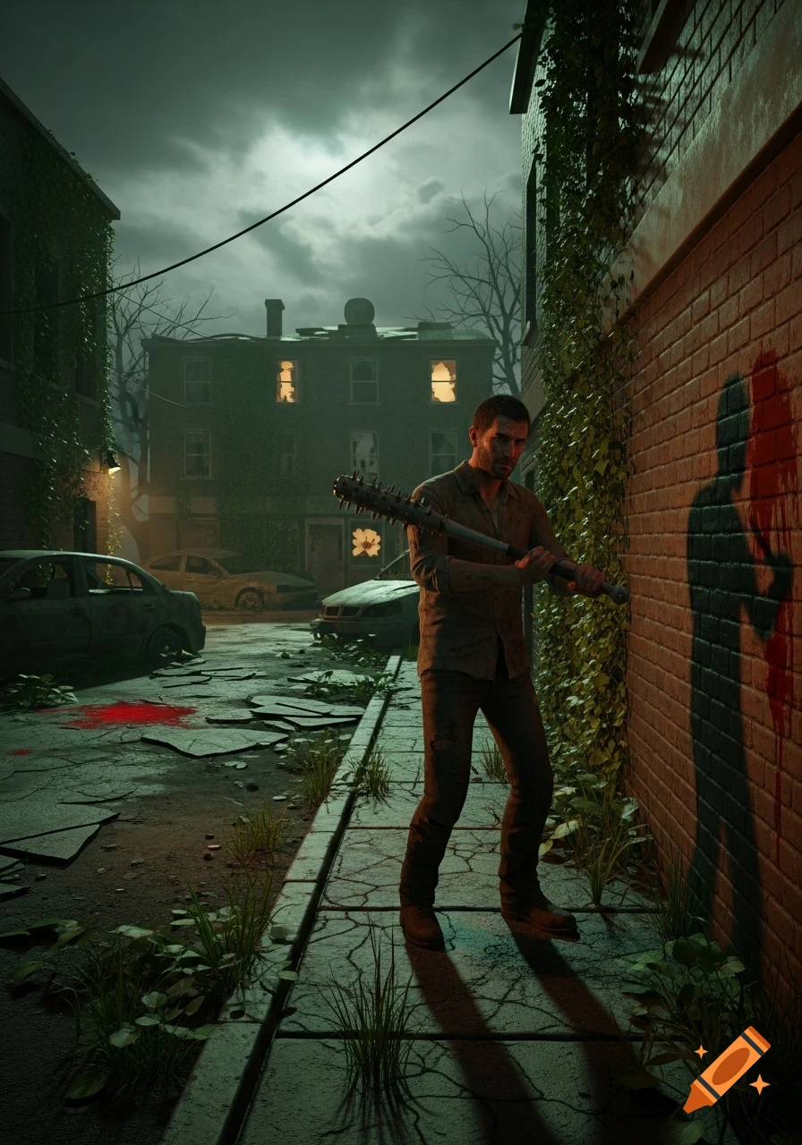 A man with a spiked bat stands on a sidewalk next to a blood-splattered wall in a dark, post-apocalyptic city alley with ruined cars and overgrown buildings.