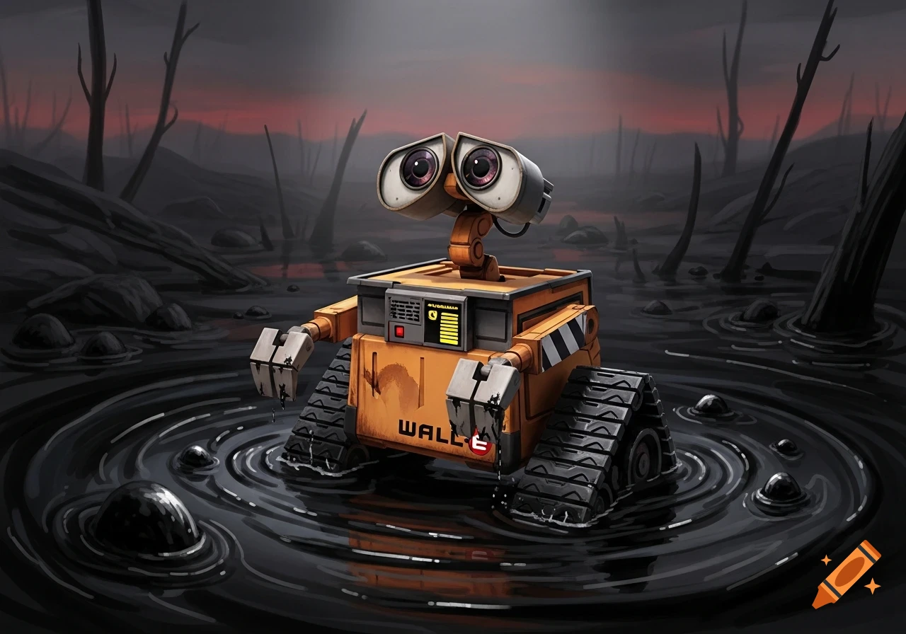 A cartoon robot resembling WALL-E stands in murky, dark water amidst a desolate, reddish-sky landscape.
