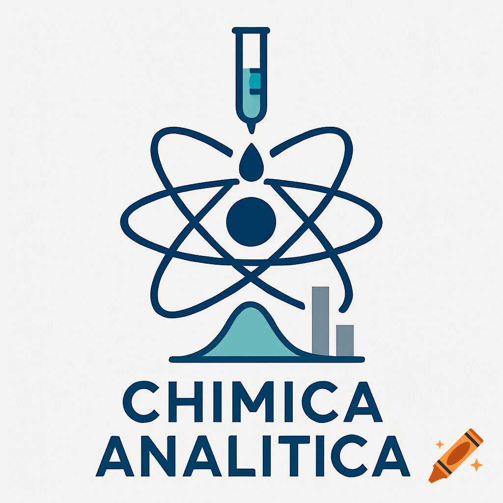 Modern minimalist logo for 'Chimica Analitica' with a stylized atom, burette dripping a drop, and a bell curve in blue, teal, and gray.