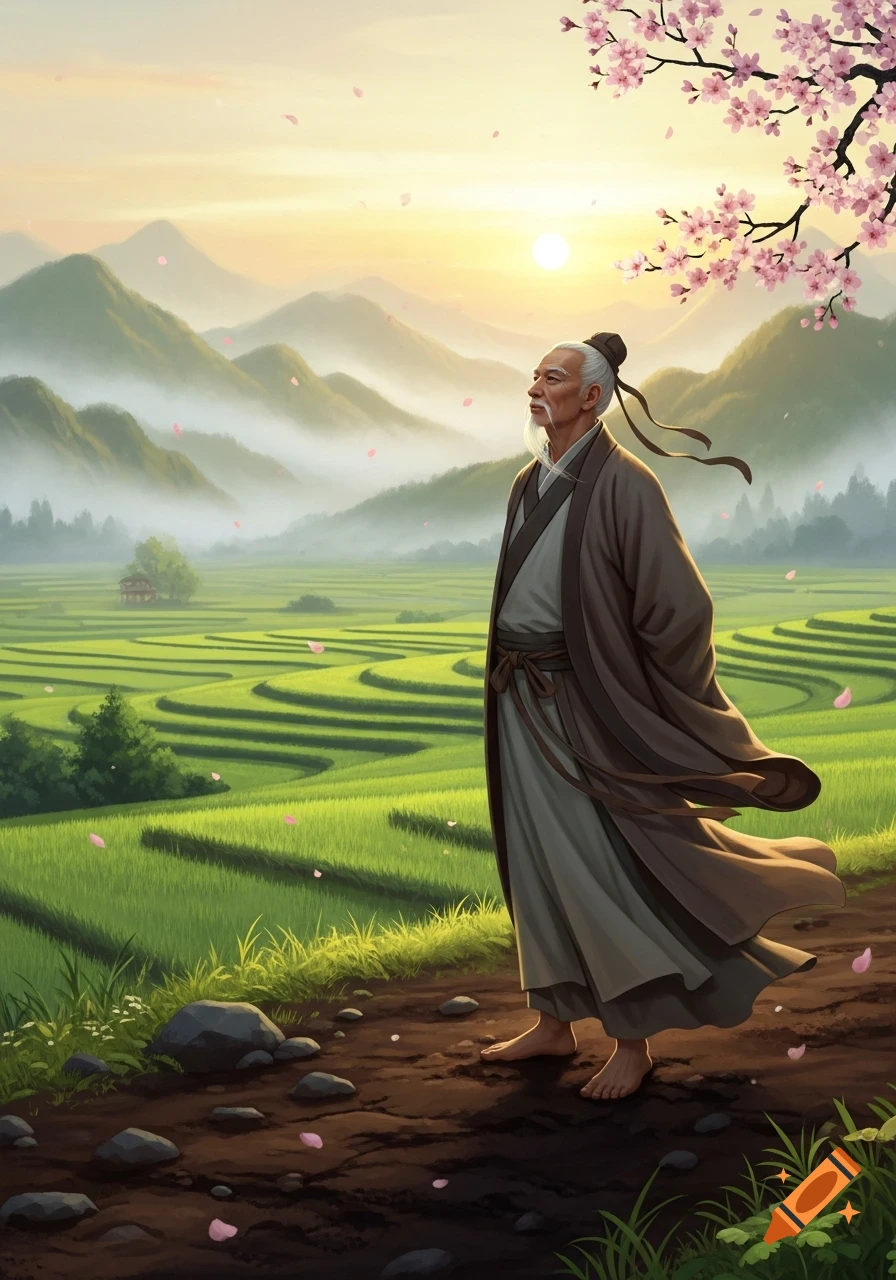 An old man in traditional robes stands barefoot on a path overlooking green terraced rice fields and misty mountains with cherry blossoms and a rising sun.