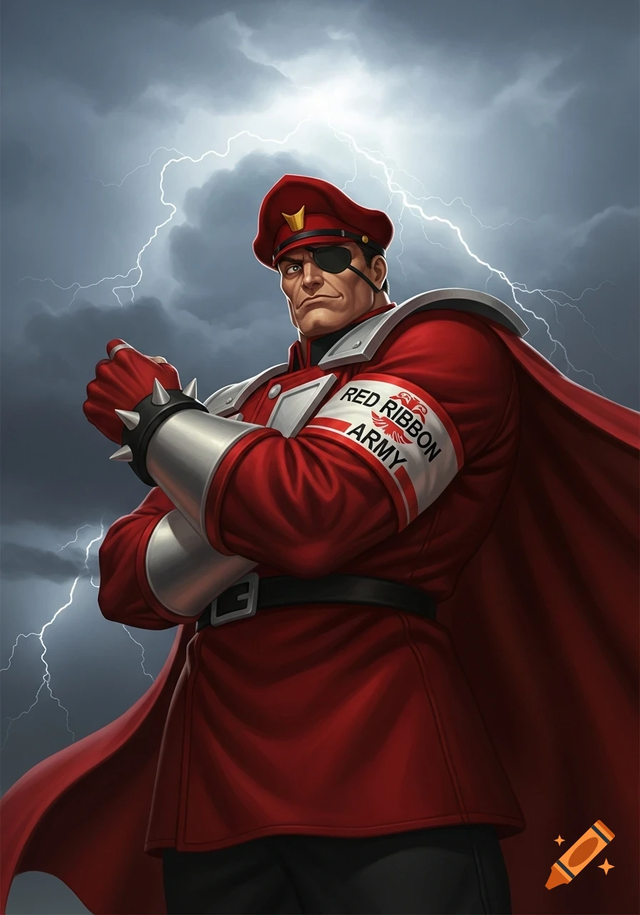 M. Bison, a fighting game character, in a red military uniform with an eyepatch and 'Red Ribbon Army' armband, under a stormy sky with lightning.