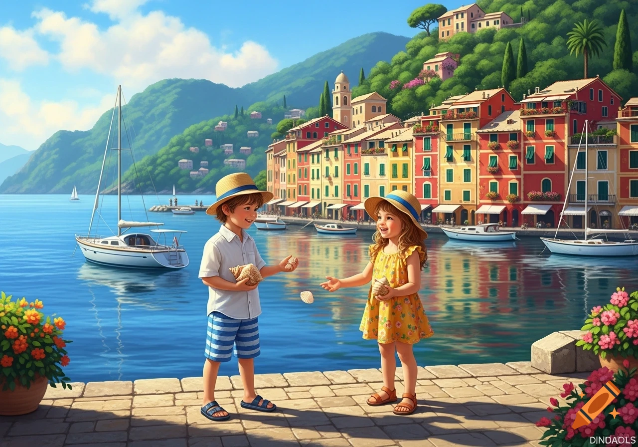 An illustration of two kids playing with seashells on a stone pier in a colorful Mediterranean port with boats and hillside buildings.