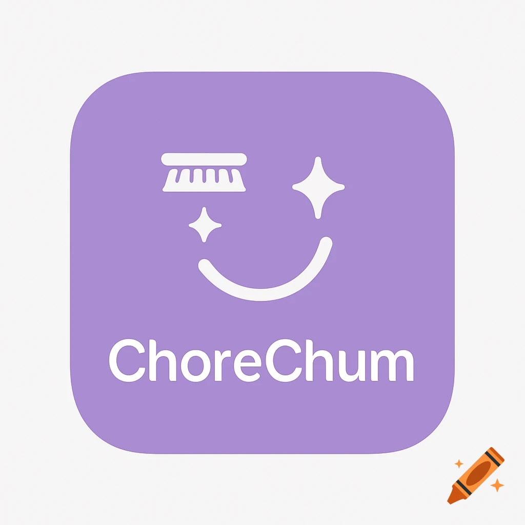 A purple app icon with a white cleaning brush and stars forming a winking smiley face, and the text 'ChoreChum'.