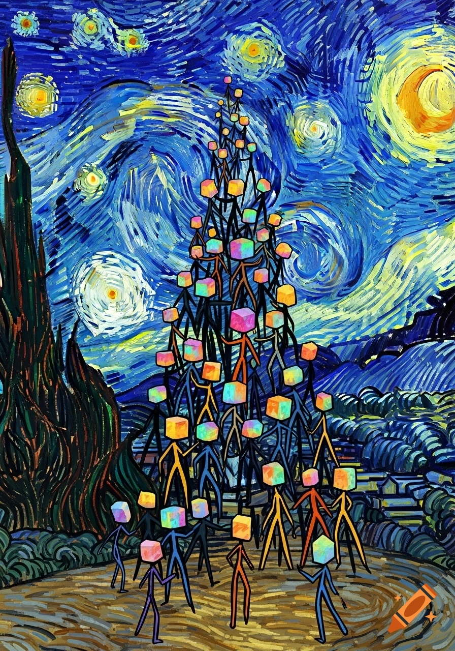 A Van Gogh style painting of colorful stickmen with cube heads forming a tall, spiraling tower under a starry, swirling night sky.