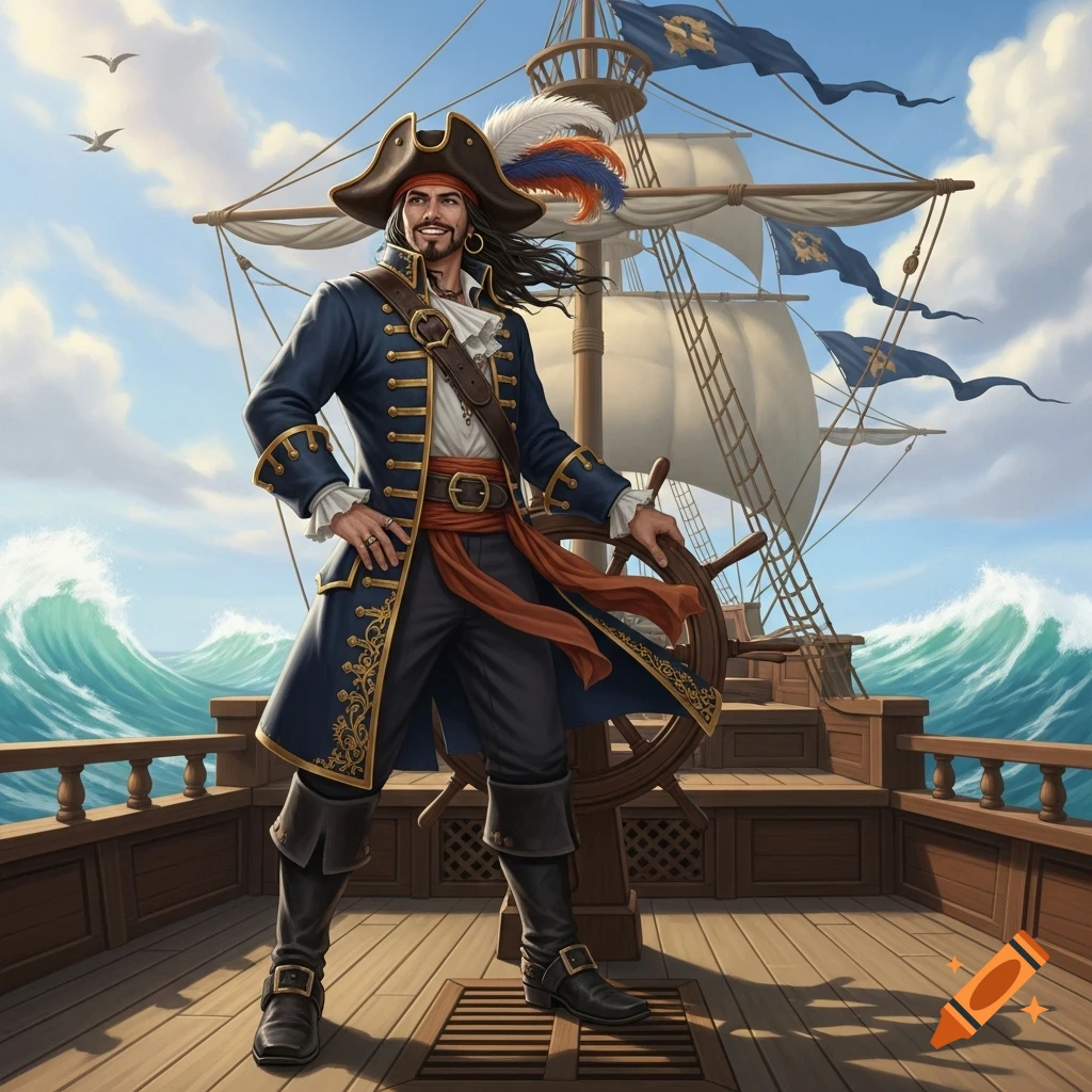 A smiling pirate captain in a blue coat and tricorn hat stands at the helm of his ship on a sunny, wavy sea.