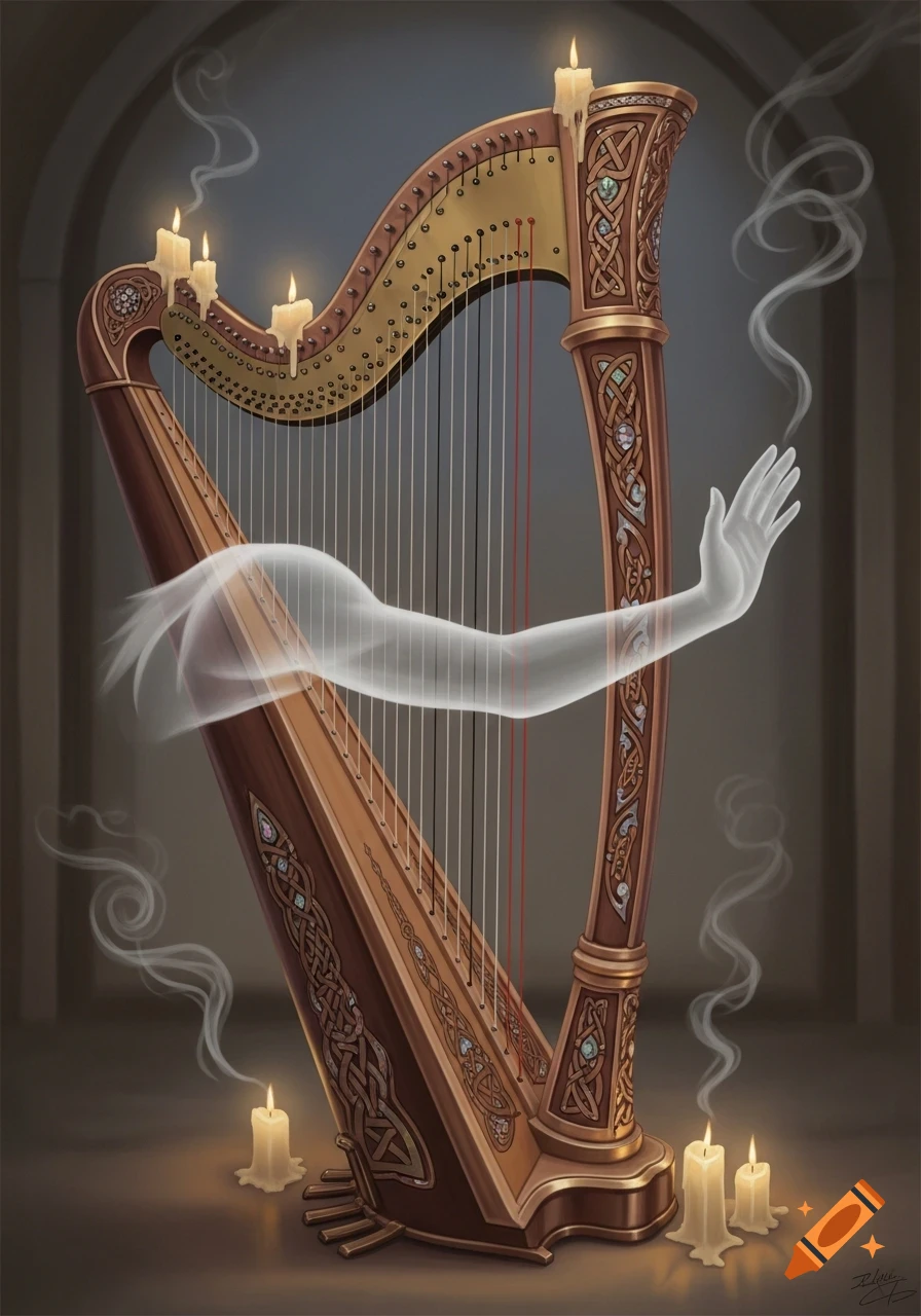 An ornate wooden harp with lit candles, smoke, and a translucent ghostly arm reaching out from its strings.