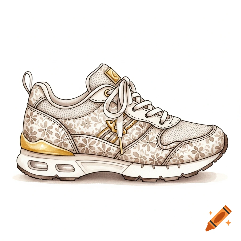 A watercolor illustration of a cream and coffee-colored running shoe with a delicate floral pattern.