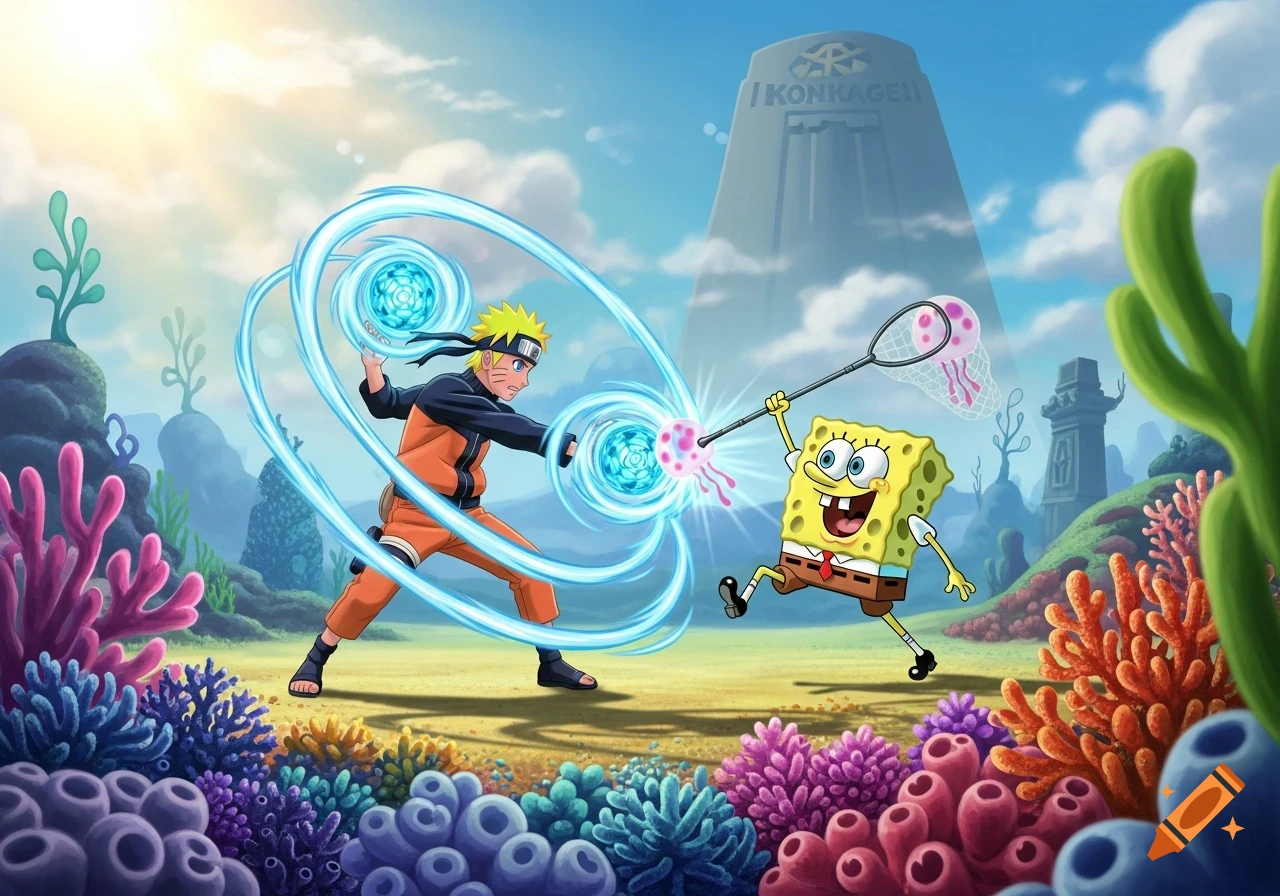 Naruto and Spongebob battle with energy attacks and a net in a vibrant cartoon landscape.