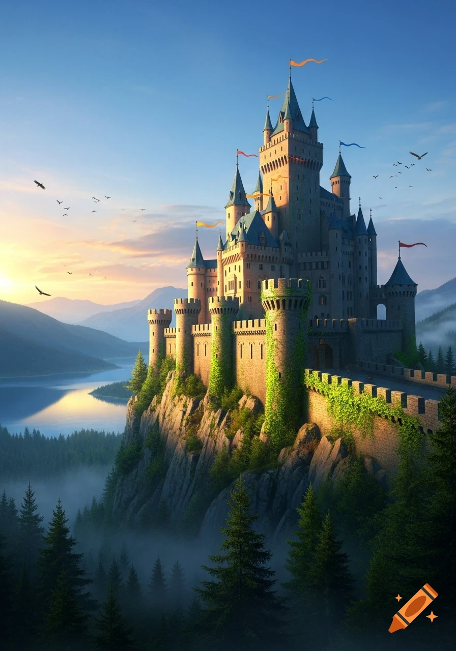 A grand fantasy castle on a cliff overlooking a lake and misty forest at sunrise.