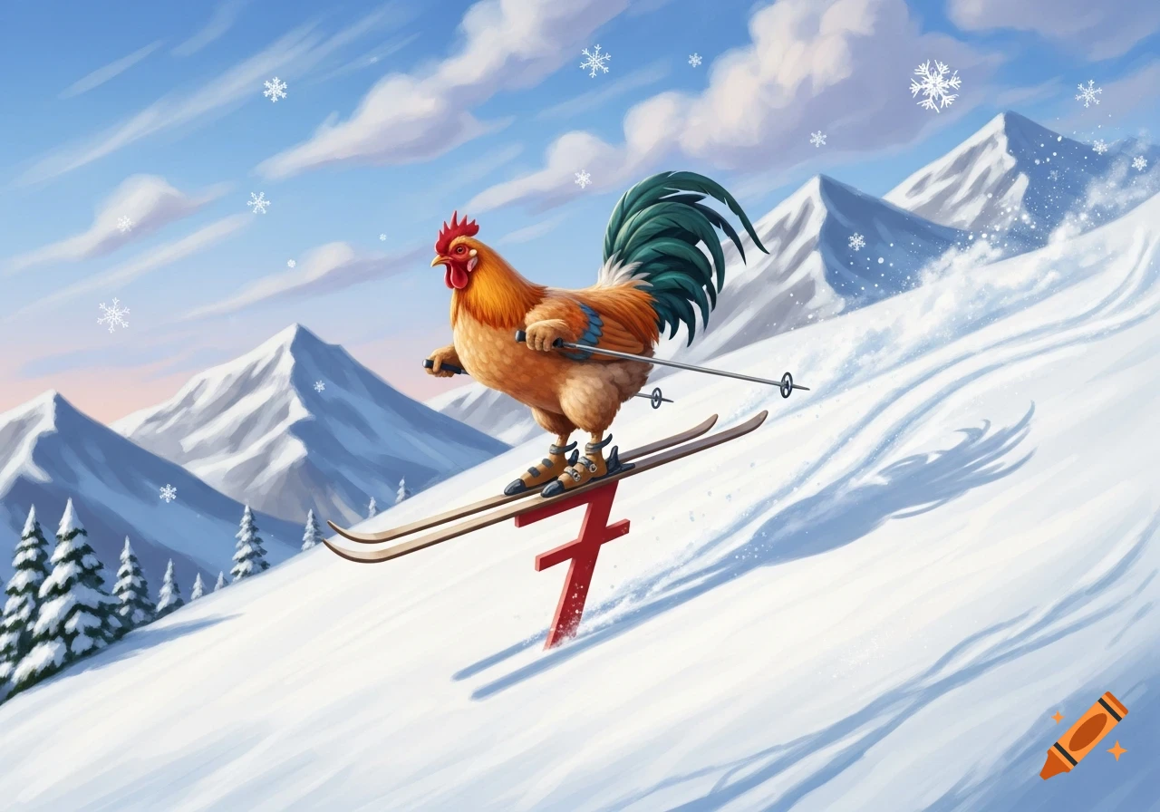 A cartoon chicken skiing down a snowy mountain slope. Its skis are emblazoned with a prominent red number seven. Snowflakes fall against a blue sky with white clouds.