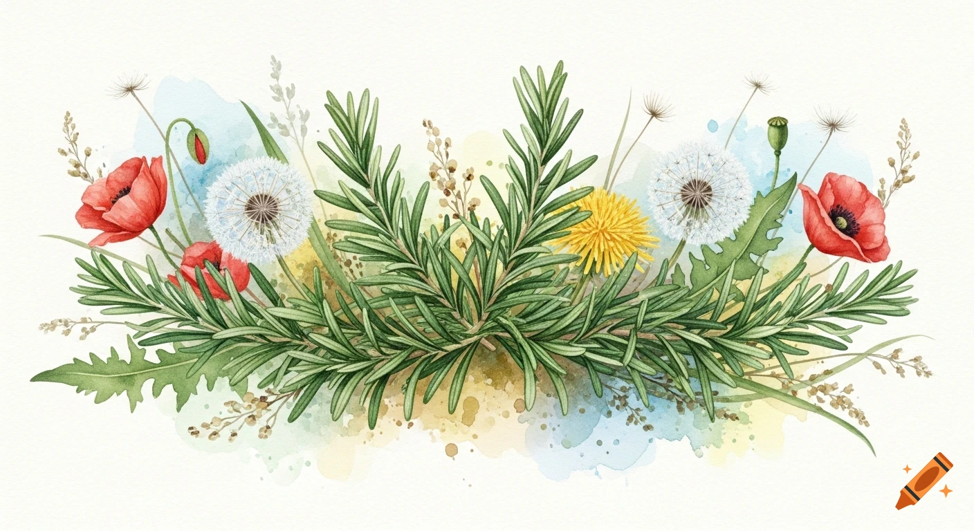 Vibrant watercolor illustration of rosemary, red poppies, and dandelions with soft pastel tones.