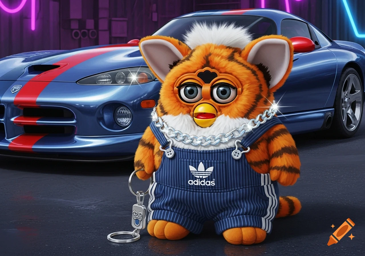 An orange tiger-striped Furby in Adidas overalls with chain necklaces and a keychain, standing in front of a blue Dodge Viper.