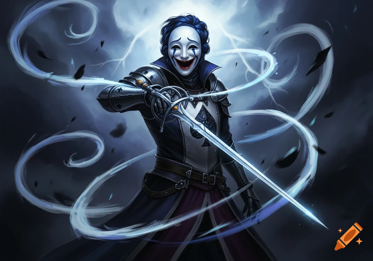 A knight in dark armor and a white laughing mask, with blue hair, holds ...