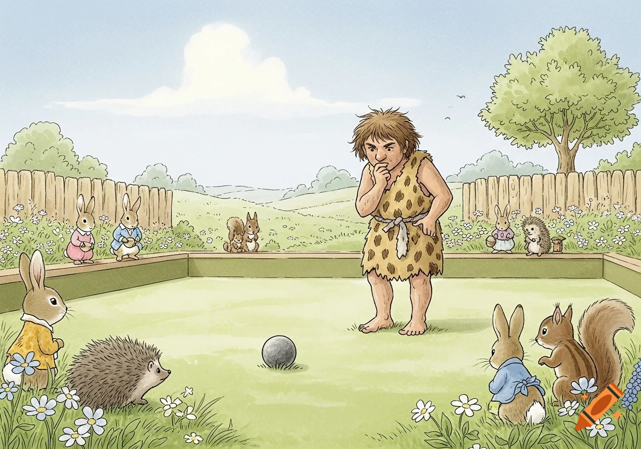 A caveman plays lawn bowls with anthropomorphic rabbits, squirrels, and a hedgehog in a Beatrix Potter-style illustration.