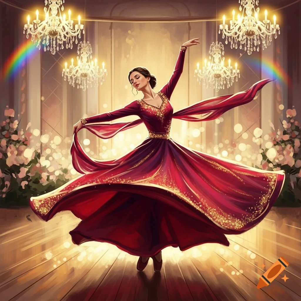 An elegant woman in a flowing red and gold dress dances gracefully in a grand ballroom with chandeliers and sparkling lights.