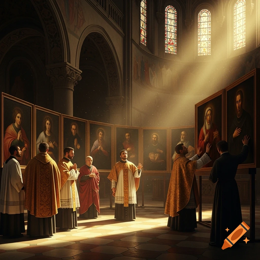 Photorealistic image of priests in a dimly lit church, observing multiple large saint portraits bathed in sunbeams. One priest hesitantly touches a painting.