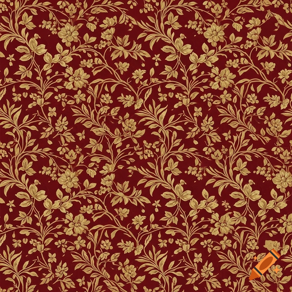A seamless repeating pattern of ornate gold floral and vine motifs on a deep red background.