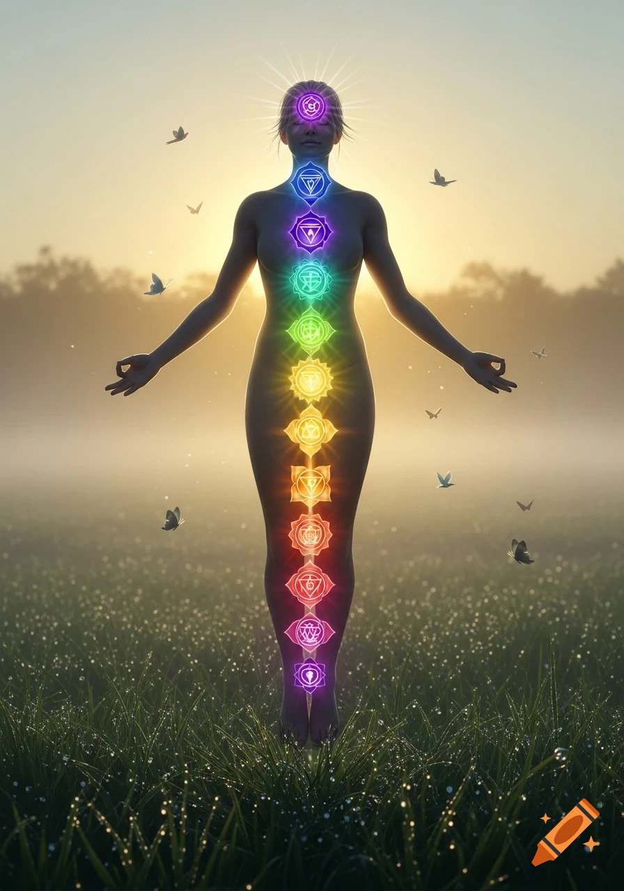 A glowing figure with colorful chakras aligned down its body stands in a misty, dewy field at sunrise, surrounded by butterflies.