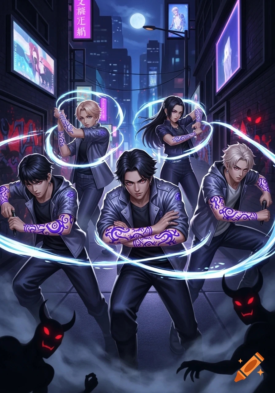 Five K-pop style demon hunters, three men and two women, pose with glowing blue energy in a neon-lit city street at night, with shadowy demons below.